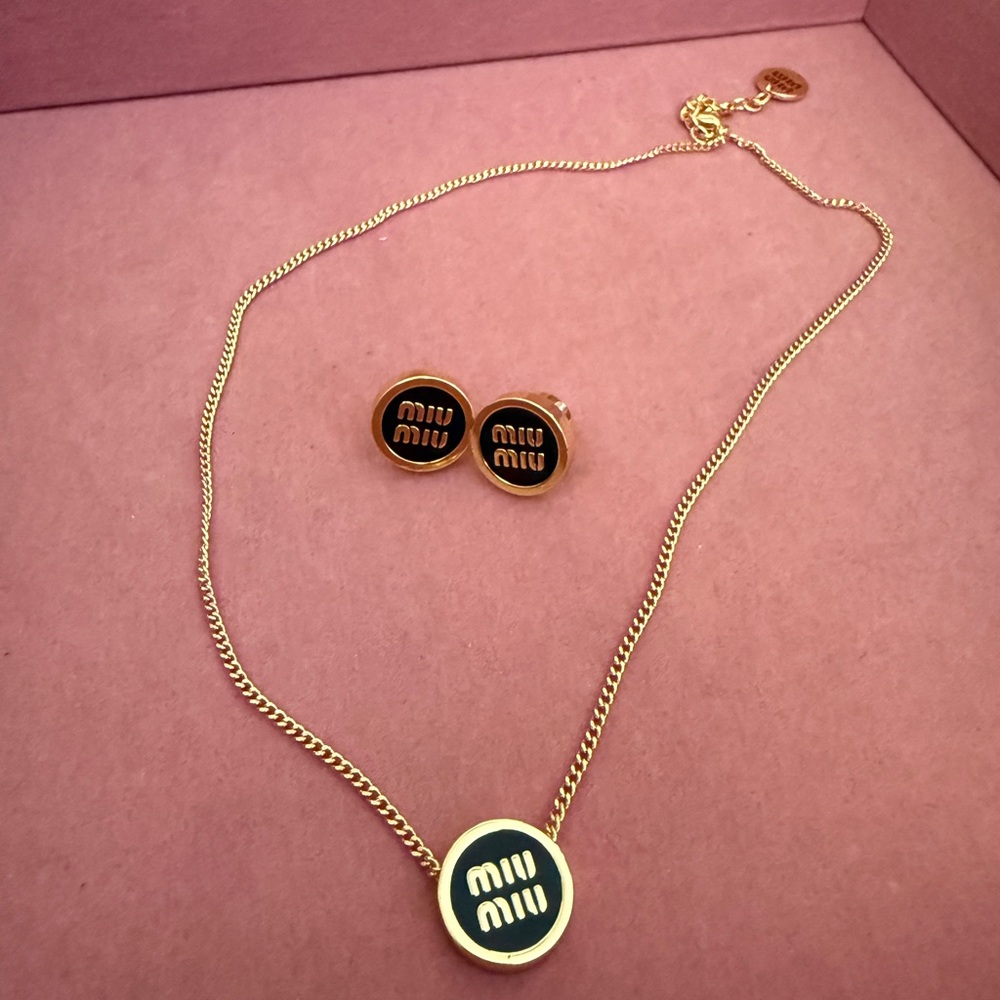 Miu miu gold metal and black enamel stud necklace and earrings